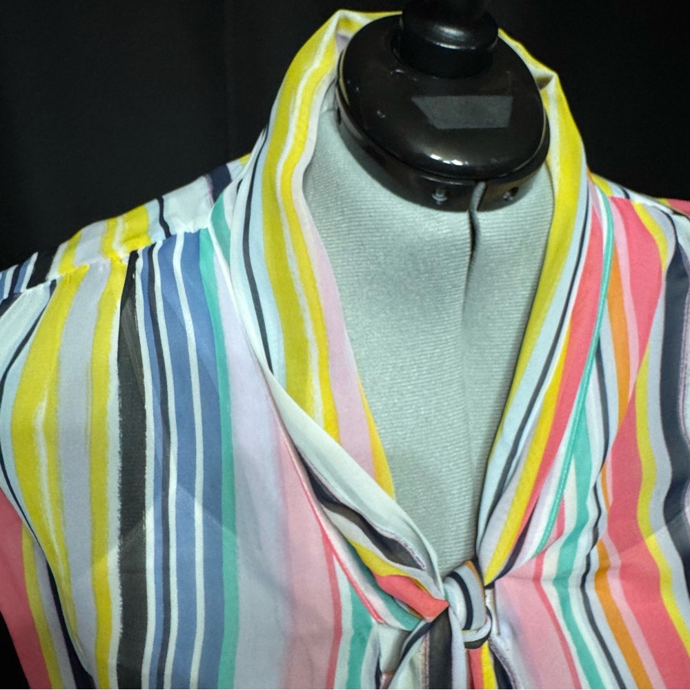 New York & Company Rainbow Sheer Vertical Stripes Tie-Neck Blouse | Size XL - Picture 7 of 16